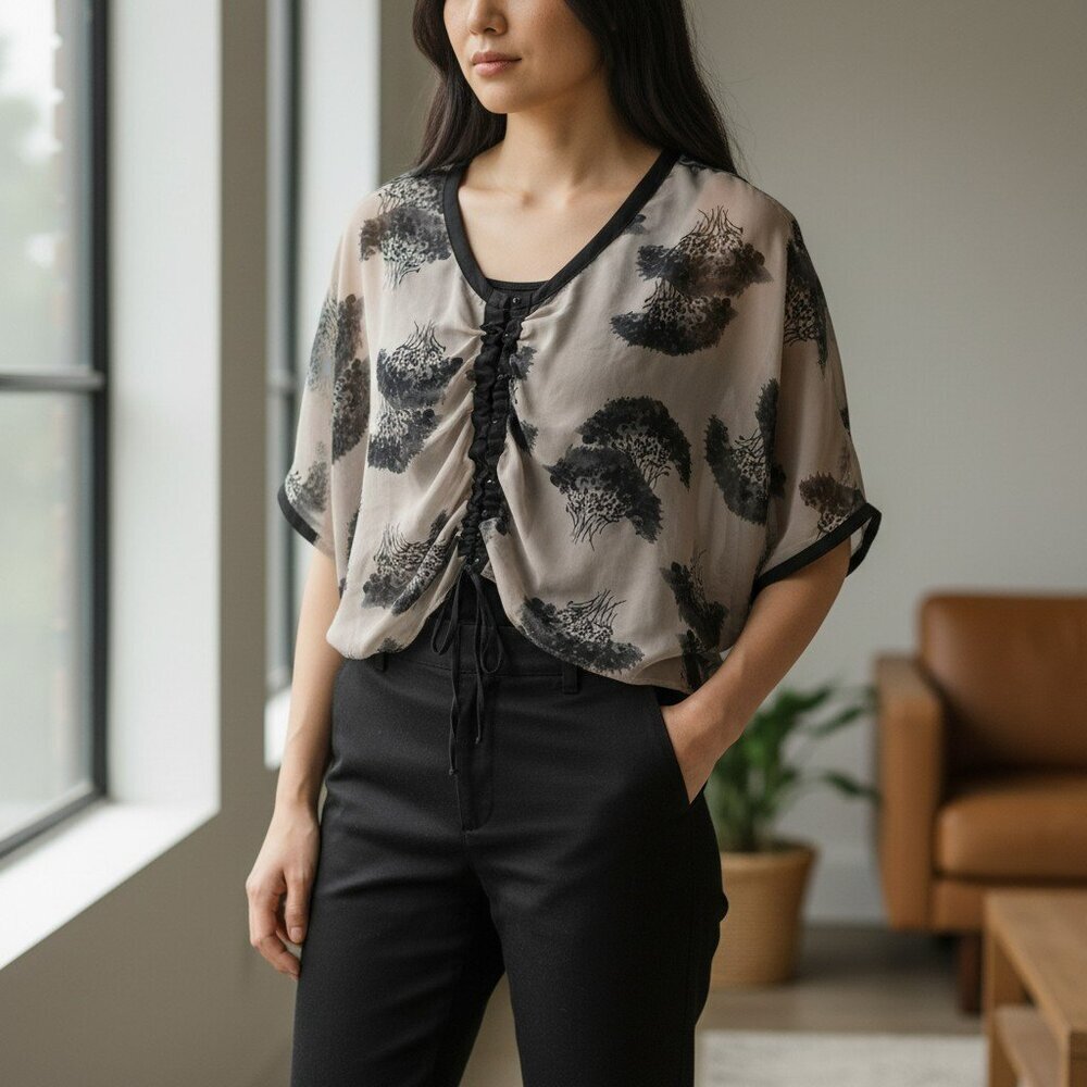 Apostrophe XS Gray 3/4 Sleeve Scoop Neck Sheer Top